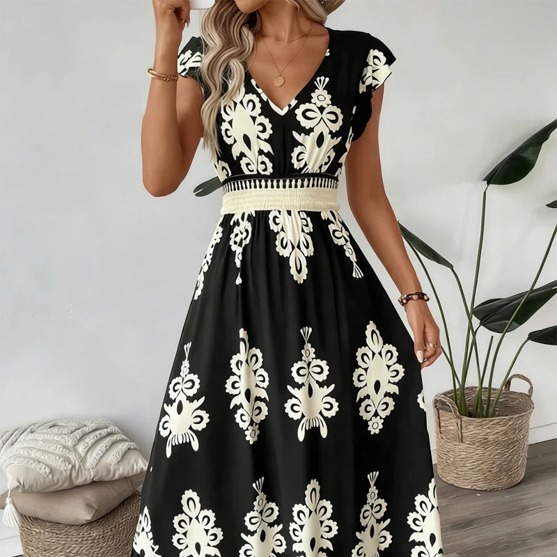 Estelle | Baroque-Print V-Neck Maxi Dress