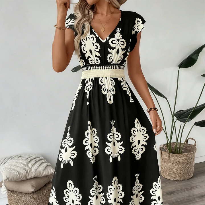 Estelle | Baroque-Print V-Neck Maxi Dress