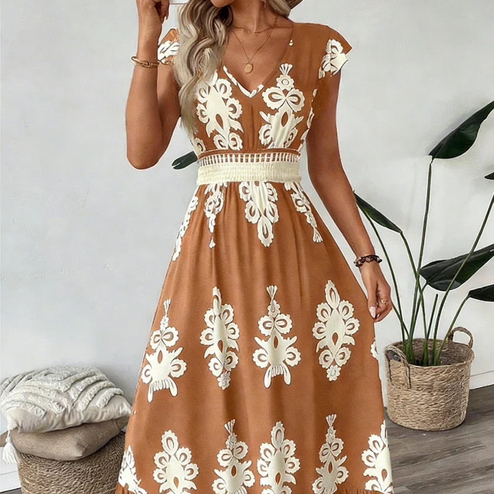 Estelle | Baroque-Print V-Neck Maxi Dress
