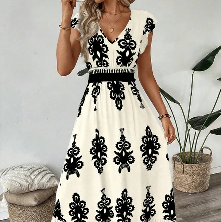 Estelle | Baroque-Print V-Neck Maxi Dress