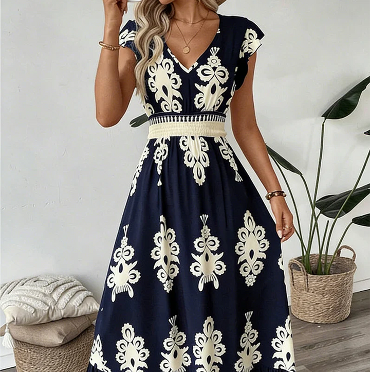 Estelle | Baroque-Print V-Neck Maxi Dress