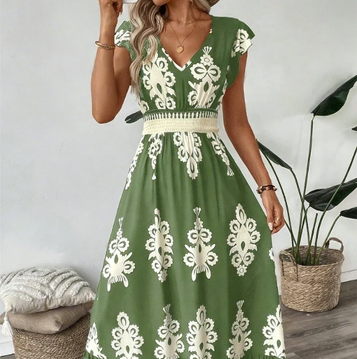Estelle | Baroque-Print V-Neck Maxi Dress