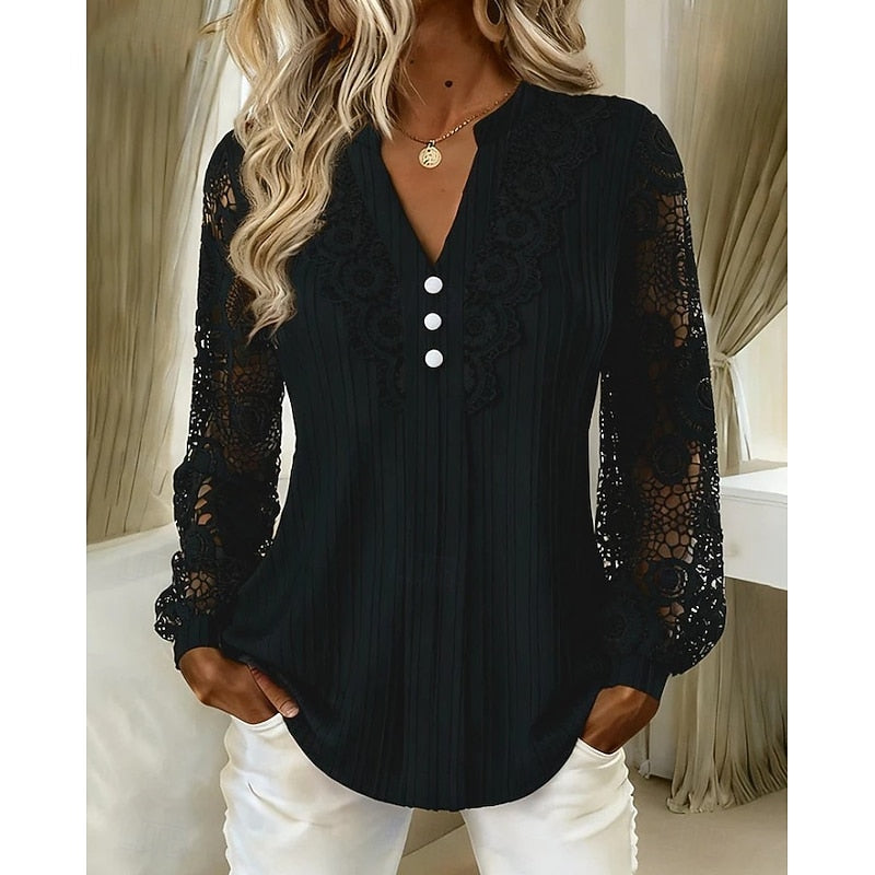 Faye | Lace-Trimmed V-Neck Blouse